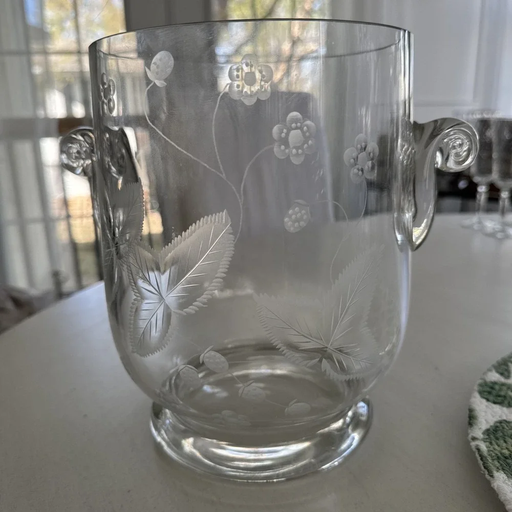Mid Century Modern Elegant Crystal Wine Cooler Strawberry Leaf Cut Pattern